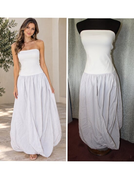 Zara Dresses & Skirts - Zara Strapless Midi Dress Size XS Sleek Fitted Bodice Bubble balloon skirt Party